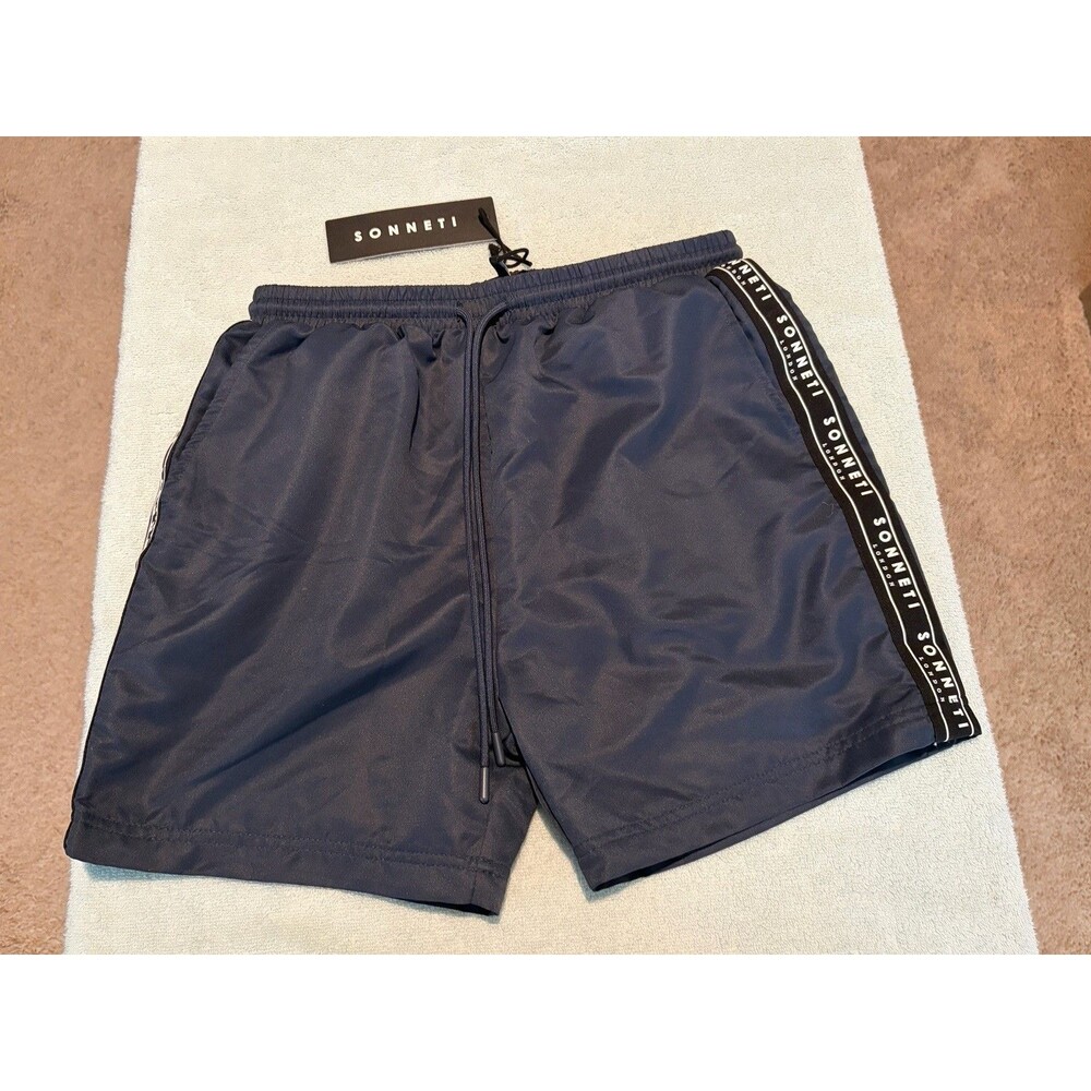 Sonneti Mens Small Navy Blue Swim Shorts Logo Tape Mesh Lined Trunks NWT